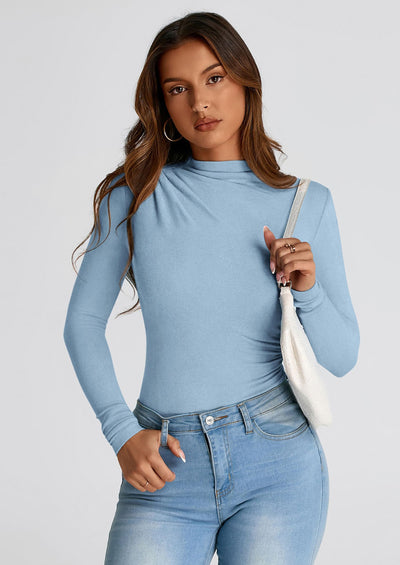 PRETTYGARDEN Womens Fall Y2K Going Out Crop Tops Long Sleeve Mock Neck Ruched Slim Fitted Basic Trendy Casual T Shirts Blouse