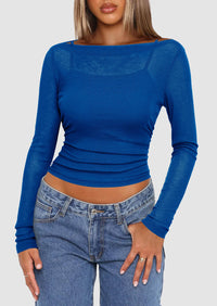 Boat Neck Long Sleeve Sheer Crop Cover Up with Spaghetti Strap Camisole 2 Piece Blouses