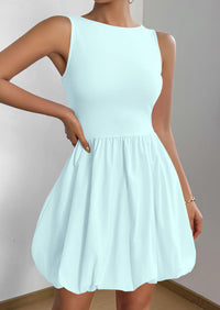 Casual Sleeveless Tank Mini Short Dress Crew Neck Bubble Dress with Pockets