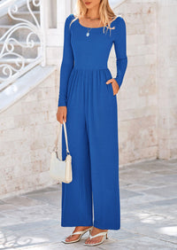 Solid Color Casual Long Sleeve Wide Leg Pants Jumpsuits