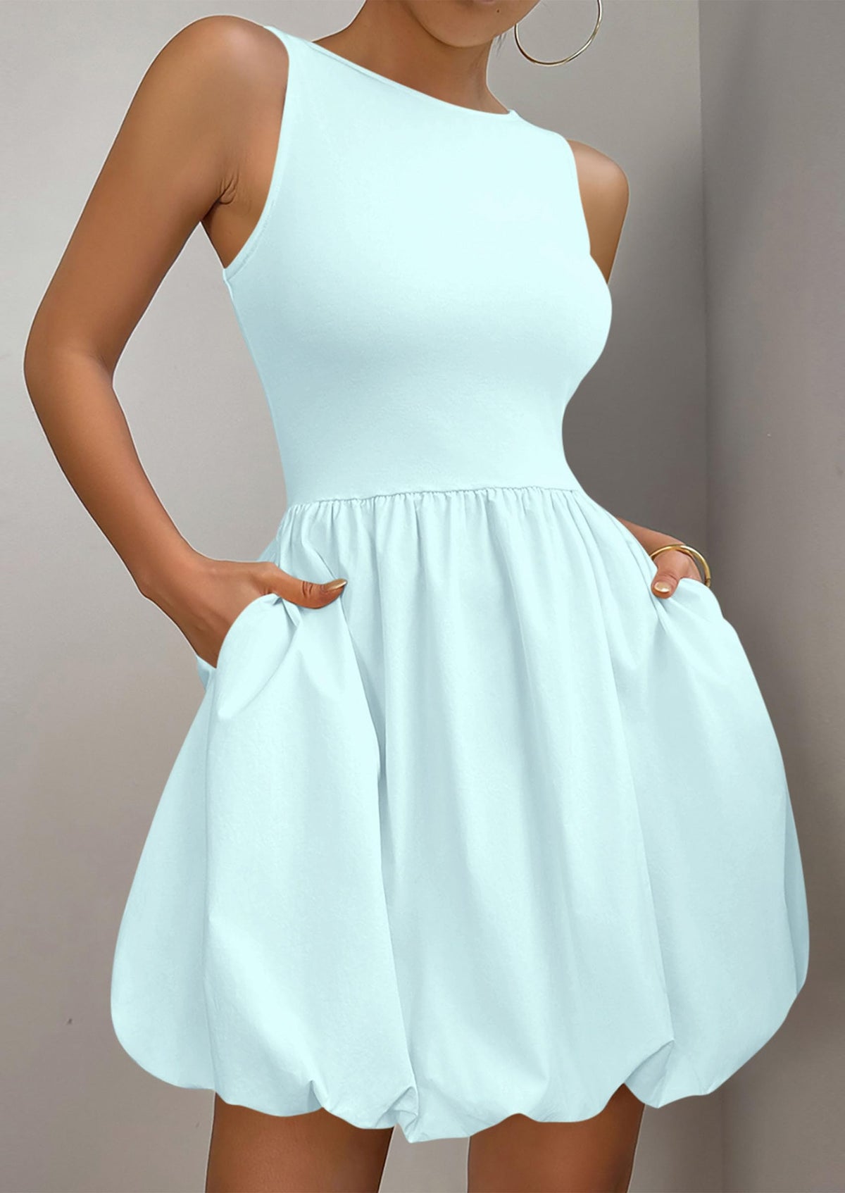 Casual Sleeveless Tank Mini Short Dress Crew Neck Bubble Dress with Pockets