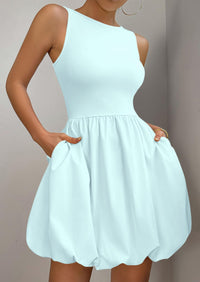 Casual Sleeveless Tank Mini Short Dress Crew Neck Bubble Dress with Pockets