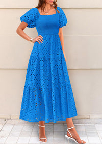 Eyelet Square Neck Puff Sleeve Smocked Maxi Dress with Pockets