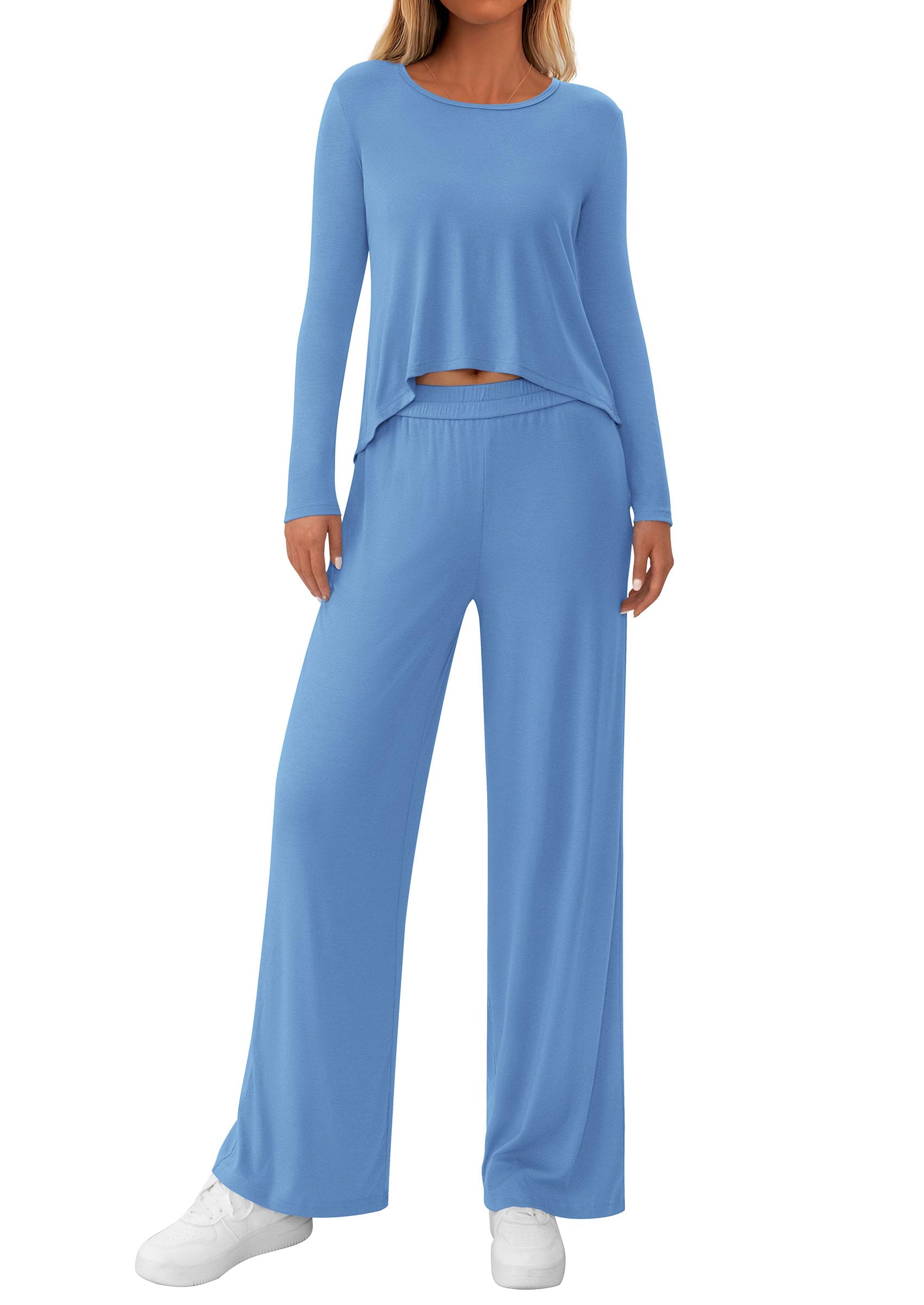 PRETTYGARDEN Women's 2 Piece Fall Sets  Casual Long Sleeve Shirts Wide Leg Pants Lounge Travel Outfits Fashion Clothing