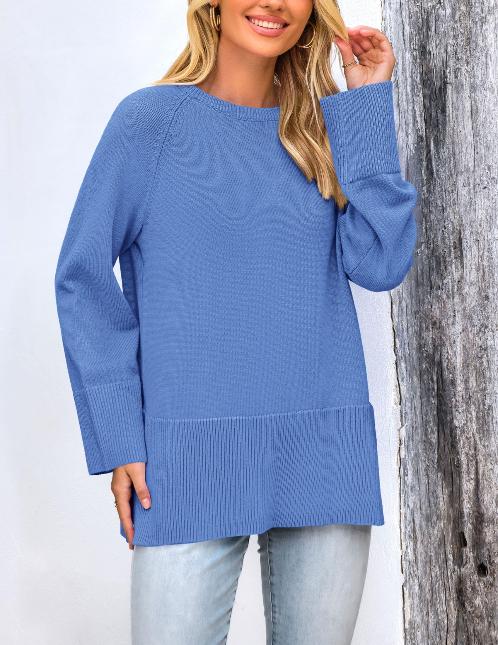PRETTYGARDEN Women's Knit Fall Sweaters Long Sleeve Pullover Crewneck Split Hem Oversized Tunic Sweater Tops Winter Clothing