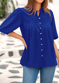 Lantern Sleeve Loose Fit Button Down Casual Pleated V Neck Blouses