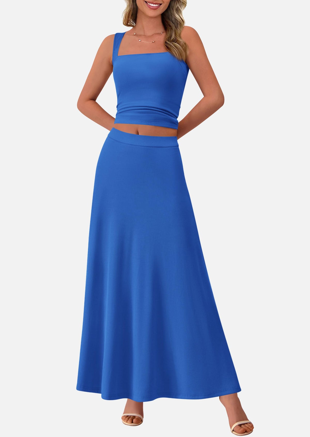 Crop Tank Top Flowy Midi Skirts Ribbed Knit Casual Two Piece Skirt Set