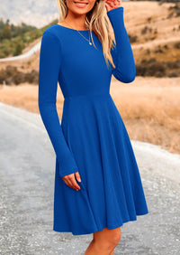 Ribbed Knit Crew Neck Long Sleeve A-Line Flowy Casual Elegant Mini Dresses