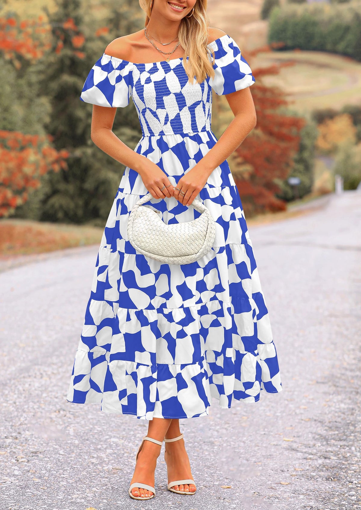 Off Shoulder Puff Sleeve Print Smocked Ruffle Beach Flowy Boho Midi Dress