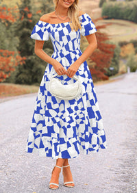 Off Shoulder Puff Sleeve Print Smocked Ruffle Beach Flowy Boho Midi Dress