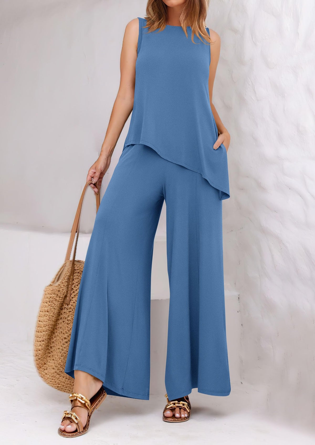 Asymmetrical Split Tank Tops Wide Leg Pants  Two Piece Sets