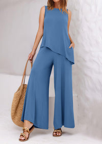 Asymmetrical Split Tank Tops Wide Leg Pants  Two Piece Sets