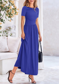 Casual Short Sleeve Ruched Patchwork A Line Pleated Swing Maxi Dresses with Pockets