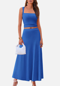 Crop Tank Top Flowy Midi Skirts Ribbed Knit Casual Two Piece Skirt Set