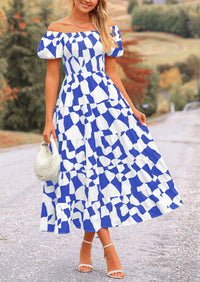 Off Shoulder Puff Sleeve Print Smocked Ruffle Beach Flowy Boho Midi Dress