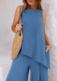 Asymmetrical Split Tank Tops Wide Leg Pants  Two Piece Sets