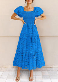 Eyelet Square Neck Puff Sleeve Smocked Maxi Dress with Pockets