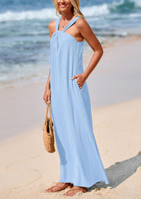 Casual Sleeveless Strappy Loose Flowy Beach Maxi Dress with Pockets