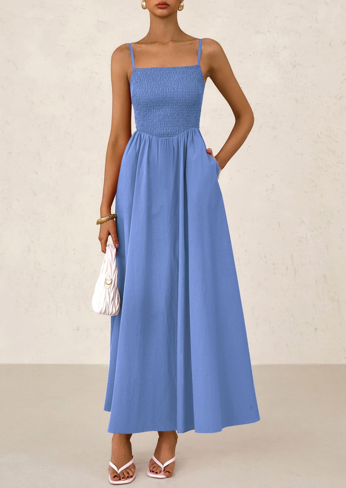 Smocked Beach Casual Spaghetti Strap Swing A Line Flowy Maxi Dresses