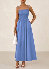 Smocked Beach Casual Spaghetti Strap Swing A Line Flowy Maxi Dresses