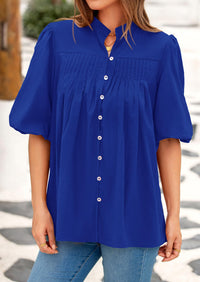 Lantern Sleeve Loose Fit Button Down Casual Pleated V Neck Blouses