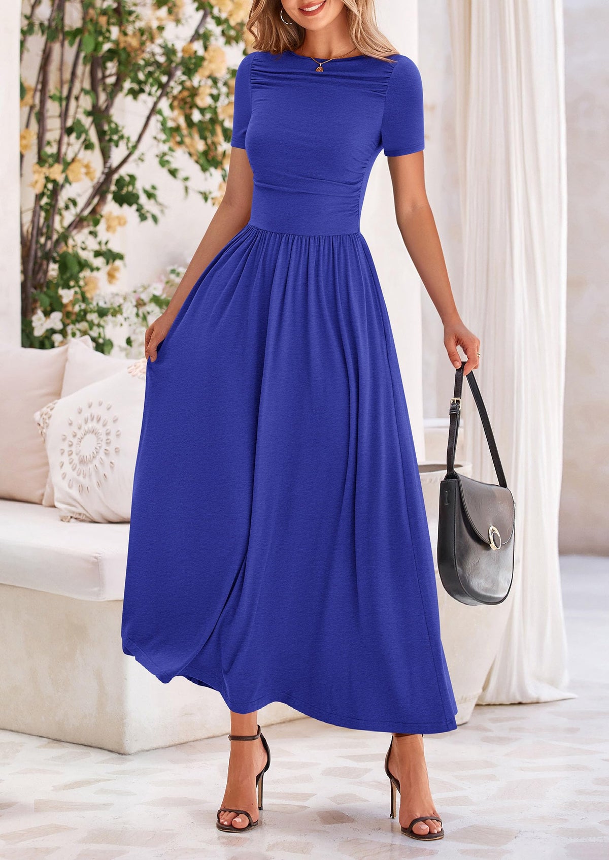 Casual Short Sleeve Ruched Patchwork A Line Pleated Swing Maxi Dresses with Pockets