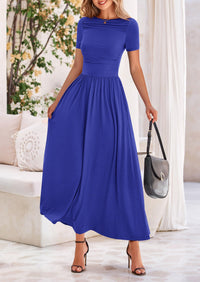 Casual Short Sleeve Ruched Patchwork A Line Pleated Swing Maxi Dresses with Pockets