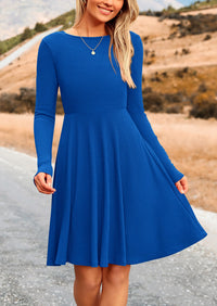 Ribbed Knit Crew Neck Long Sleeve A-Line Flowy Casual Elegant Mini Dresses