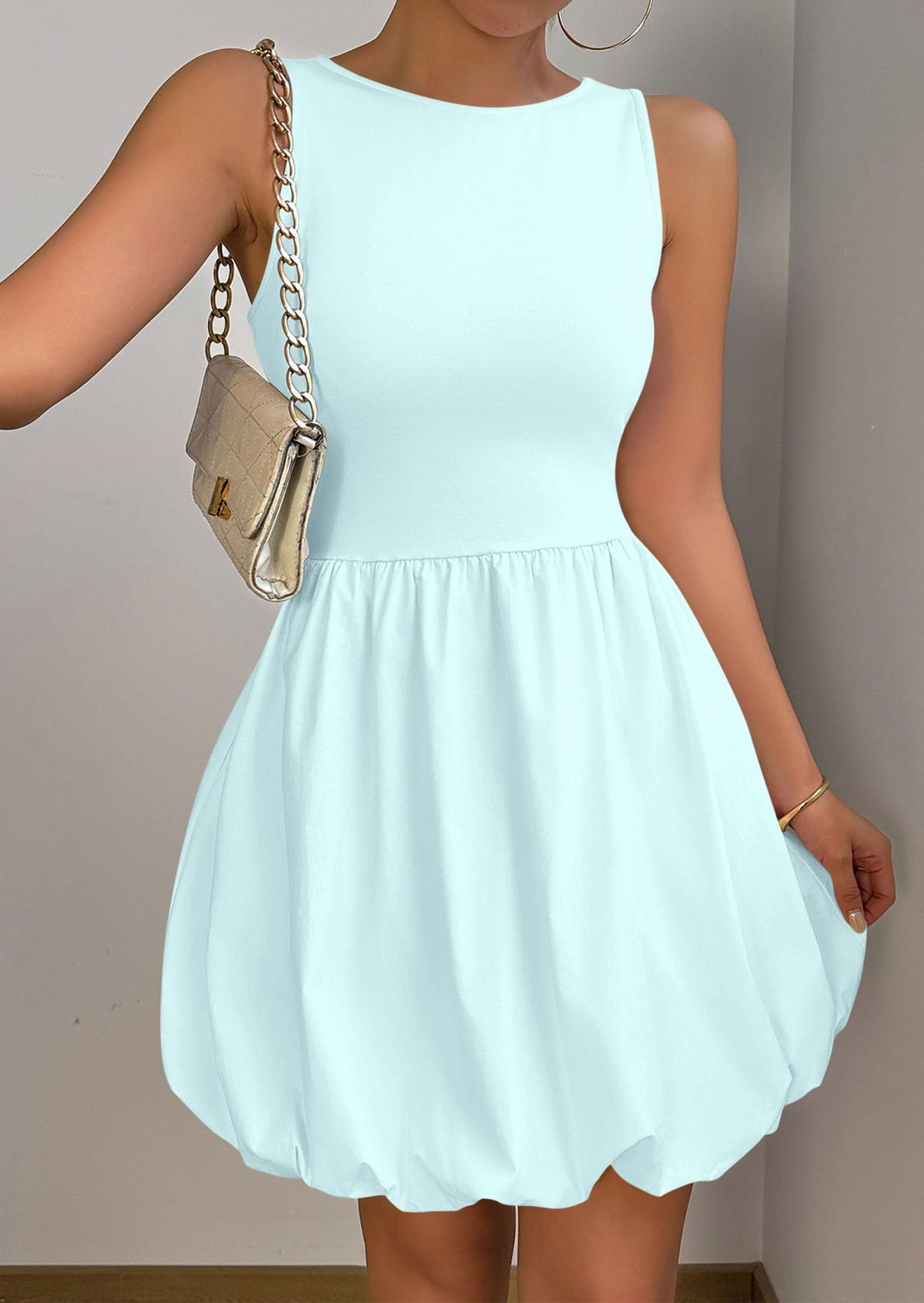Casual Sleeveless Tank Mini Short Dress Crew Neck Bubble Dress with Pockets
