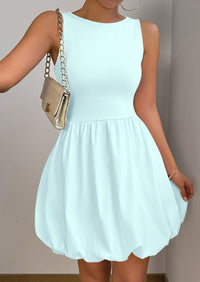 Casual Sleeveless Tank Mini Short Dress Crew Neck Bubble Dress with Pockets