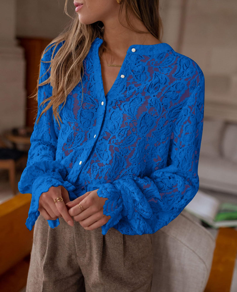 PRETTYGARDEN Women's Dressy Casual Lace Blouse Long Sleeve Button Up Shirts Tops Spring Fall Fashion Clothes