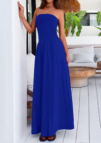 Strapless Patchwork Long Flowy Elegant Tube Top Maxi Dresses with Pockets