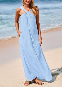 Casual Sleeveless Strappy Loose Flowy Beach Maxi Dress with Pockets
