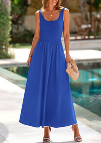 Casual Scoop Neck Sleeveless Patchwork A-line Swing Maxi Dresses with Pockets