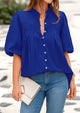 Lantern Sleeve Loose Fit Button Down Casual Pleated V Neck Blouses