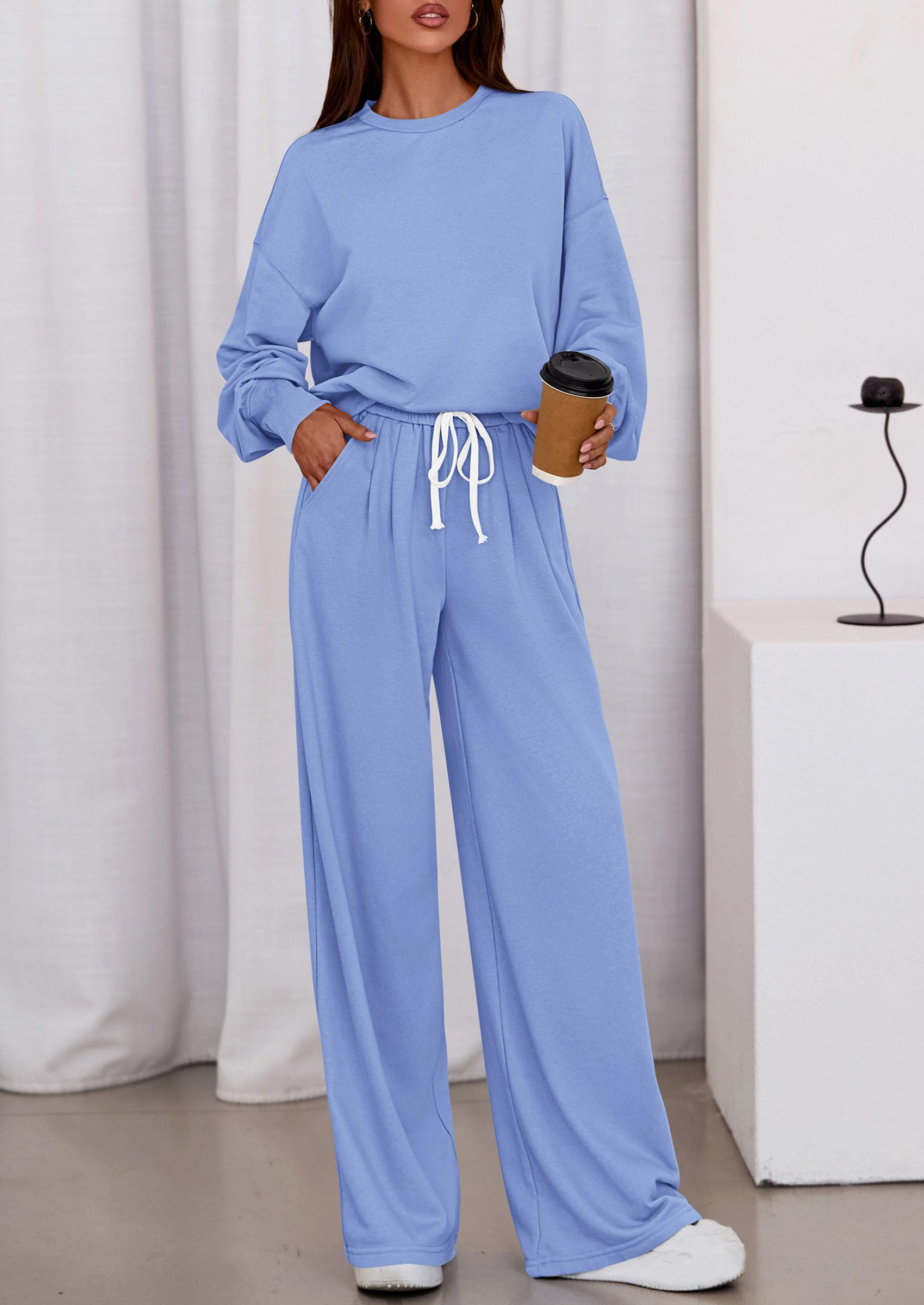 PRETTYGARDEN Womens 2 Piece Sets Long Sleeve Sweatshirt Wide Leg Pants Loose Matching Lounge Set Trendy Fall Outfits