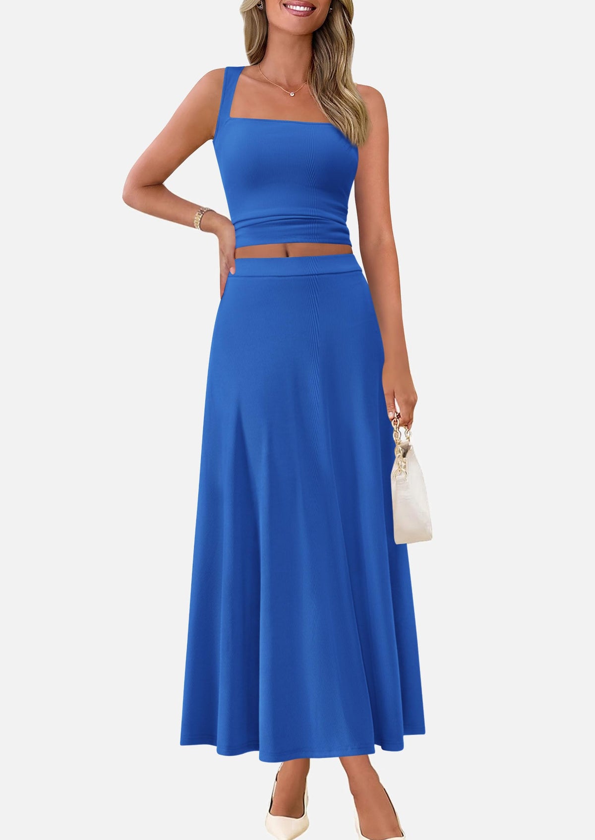 Crop Tank Top Flowy Midi Skirts Ribbed Knit Casual Two Piece Skirt Set