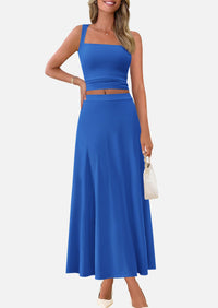 Crop Tank Top Flowy Midi Skirts Ribbed Knit Casual Two Piece Skirt Set