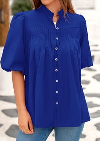 Lantern Sleeve Loose Fit Button Down Casual Pleated V Neck Blouses