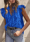 PRETTYGARDEN Womens Summer Tops 2025 Dressy Casual Ruffle Cap Sleeve Button V Neck Embroidered Eyelet Blouses Shirts