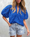 PRETTYGARDEN Women's Summer Short Sleeve Tops 2025 Dressy Casual Buttons V Neck Hollow Out Lace Embroidered Blouses Shirts