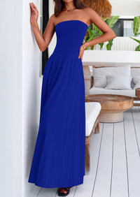 Strapless Patchwork Long Flowy Elegant Tube Top Maxi Dresses with Pockets