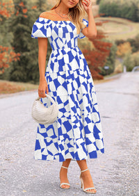 Off Shoulder Puff Sleeve Print Smocked Ruffle Beach Flowy Boho Midi Dress