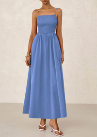 Smocked Beach Casual Spaghetti Strap Swing A Line Flowy Maxi Dresses