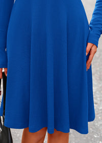 Ribbed Knit Crew Neck Long Sleeve A-Line Flowy Casual Elegant Mini Dresses