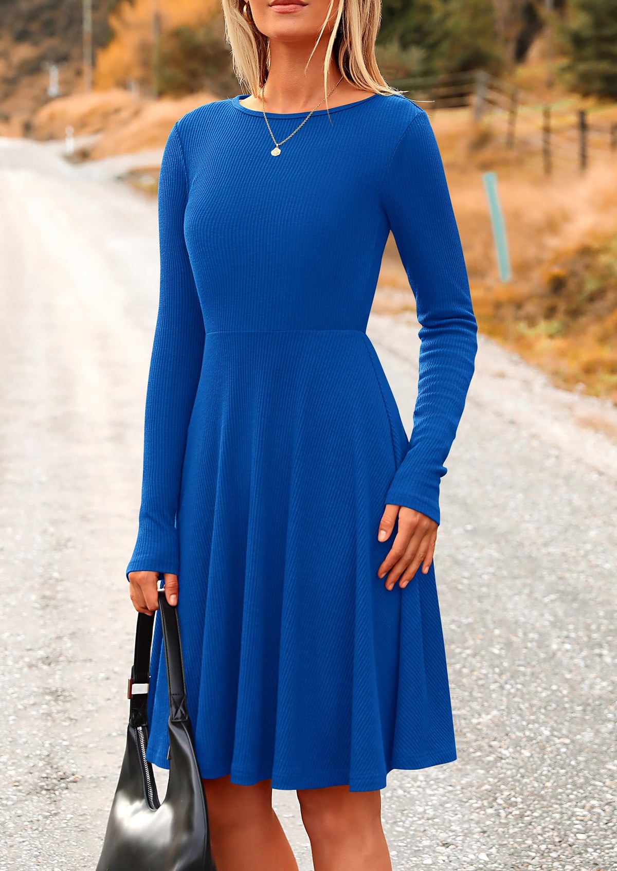 Ribbed Knit Crew Neck Long Sleeve A-Line Flowy Casual Elegant Mini Dresses