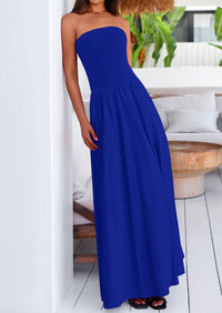 Strapless Patchwork Long Flowy Elegant Tube Top Maxi Dresses with Pockets