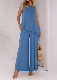 Asymmetrical Split Tank Tops Wide Leg Pants  Two Piece Sets