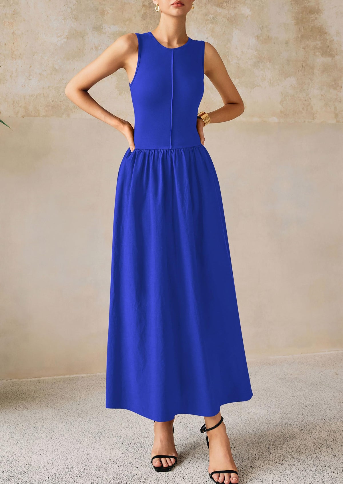 Casual Sleeveless Patchwork Knit Flowy Beach Maxi Dresses