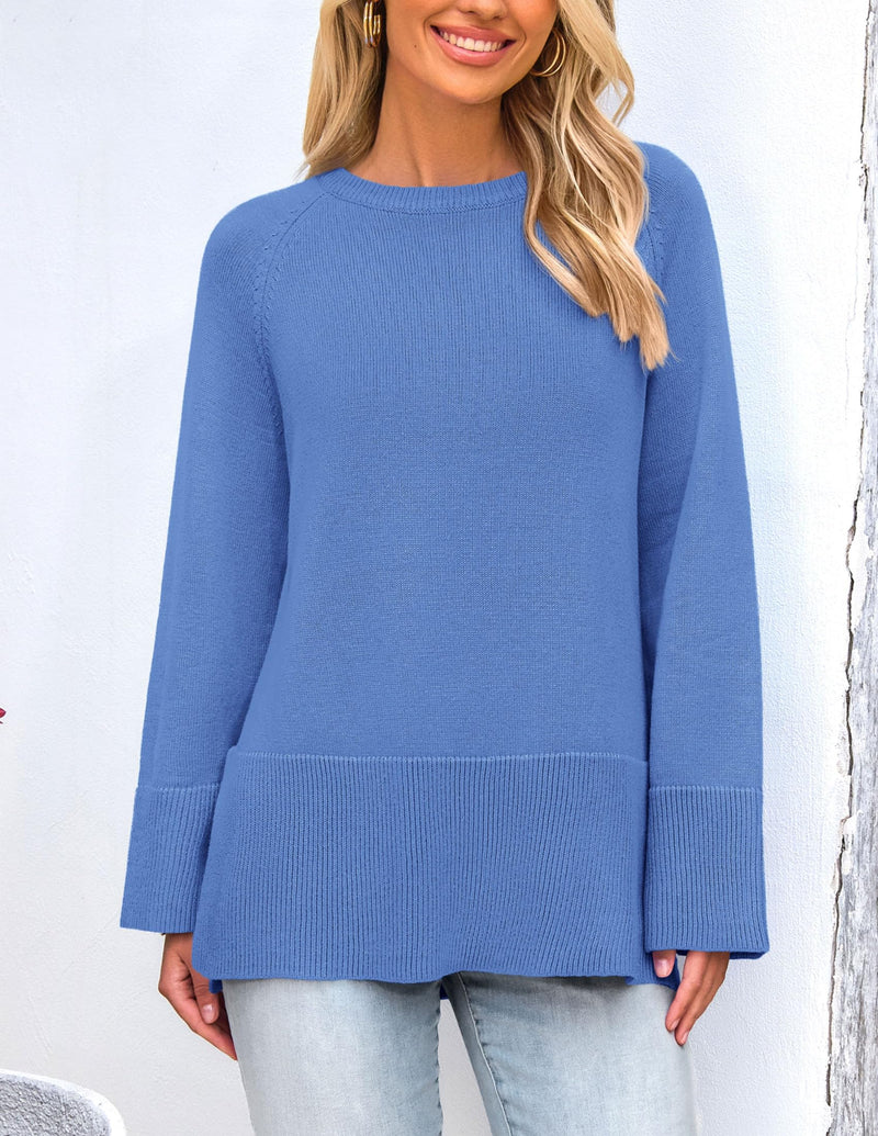 PRETTYGARDEN Women's Knit Fall Sweaters Long Sleeve Pullover Crewneck Split Hem Oversized Tunic Sweater Tops Winter Clothing